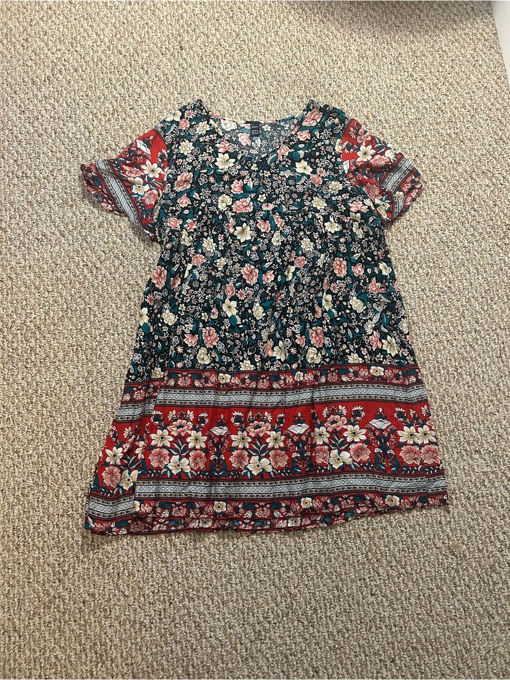 Floral Tiered Short Sleeve Womens Dress in Red & Navy